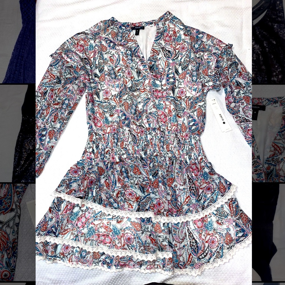 Aqua Long Sleeve White Multi Tunic Blouse